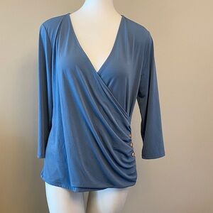 Cable & Gauge Dusty Blue Wrap-Front Blouse with Button Detail
